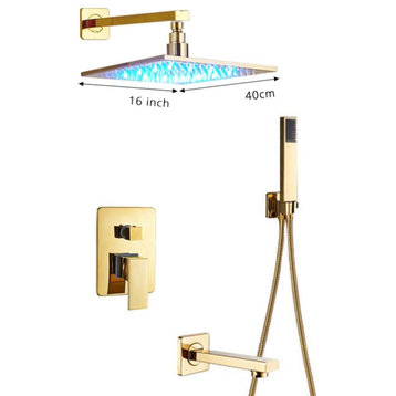 Luxury Golden Bath Shower Faucet Rainfall LED Shower Head 3-way Mixer, 16"