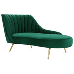 Meridian Furniture - Margo Velvet Upholstered Set, Green, Chaise - Lean back and lounge in luxurious style on this stunning Margo velvet chaise by Meridian Furniture. This contemporary chaise features plush velvet upholstery that is both classy and sumptuous against your skin, a single seat cushion and rounded arms that curve into a low, rounded back, creating a perfect, modern piece for your home. Gold stainless steel legs support this chaise and provide stunning contrast to the chaise's plush, green fabric.