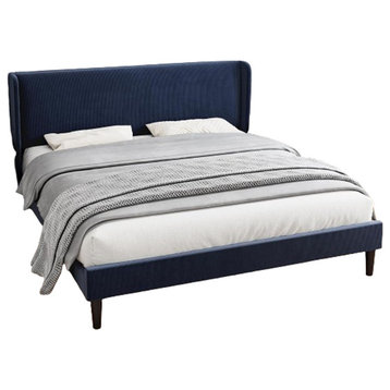 Modern Platform Bed, Wing Panel Headboard With Velvet Upholstery, Blue/Queen
