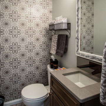 Maple Stained Shaker Wet Bar with Matching Tile in Powder Room