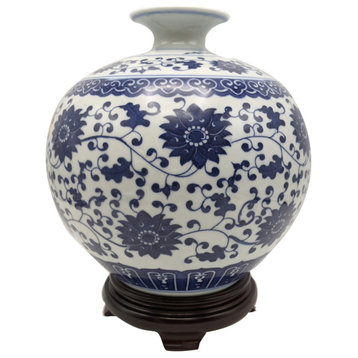 Chinese Floral Vine Blue and White Ball Vase