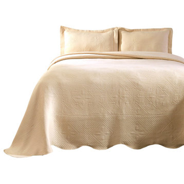 100% Cotton Geometric Luxury Quilted Bedspread, Ivory, King