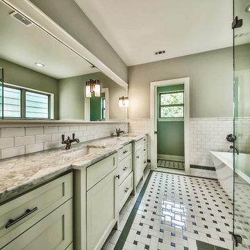 Master Bath w/ inset Shaker double vanity, subway tile w/ basket weave floors