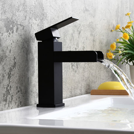 Modern Single Handle One Hole Waterfall Bathroom Sink Faucet Solid Brass, Matte Black