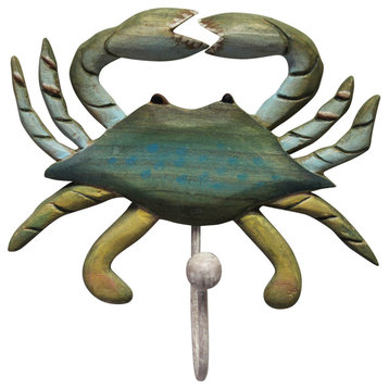 Blue Crab Single Wall Hook 8.5 Inch Carved Wood