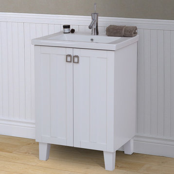 24" Solid Wood Sink Vanity With Extra Thick Ceramic Basin, White