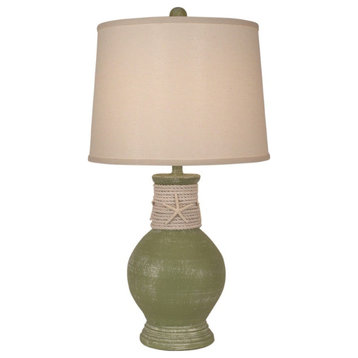 Weathered Seagrass Ribbed-Neck Table Lamp With White Rope and Starfish Accent