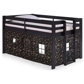 Jasper Twin Junior Loft Bed, Espresso Frame and Green Camouflage Playhouse Tent