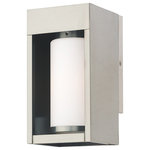Livex Lighting - Livex Lighting Brushed Nickel 1-Light Outdoor Wall Lantern - The box-like solid brass body of this outdoor wall lantern has a thick frame that houses a satin opal white cylinder glass shade. The brushed nickel finish give the thick, sturdy frame construction a contemporary look with distinct style.
