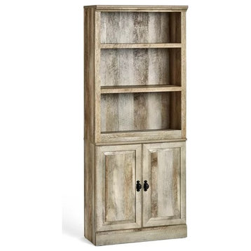 Rustic Bookcase, 3 Adjustable Shelves & Lower 2 Doors Cabinet, Weathered Wood