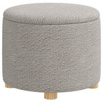 Skyline Furniture MFG. - Storage Ottoman, Milano Elephant - This round ottoman is a true conversation starter, with a classic handcrafted profile that will feel right at home in any space from sleek urban loft to quaint country cottage. Wooden legs and Boucle fabric will make this ottoman your favorite accent piece.  It is sure to add style and convenience to any seating space.