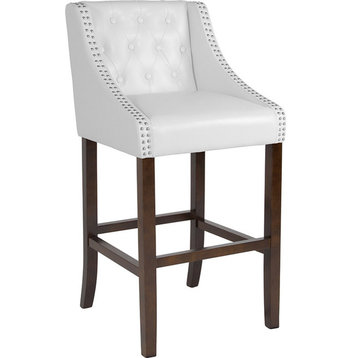 30" High Tufted Walnut Barstool With Accent Nail Trim, White Leather