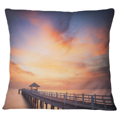 Infinite Wooden Bridge under Clouds Sea Bridge Throw Pillow, 18"x18"