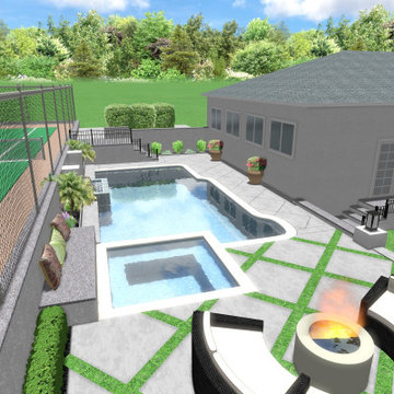 pool design with firepit and tennis courts