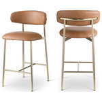 Meridian Furniture - Lupita Upholstered Counter Stool, Cognac, Vegan Leather, Brushed Gold, Set of 2 - Grace, comfort, and elegance collide in the design of this Lupita cognac vegan leather counter stool. Upholstered in soft cognac vegan leather and supported by a brushed gold metal frame, it radiates luxury and modern sophistication. Perfect for kitchen islands or home bars, its counter height and contemporary design ensure both style and comfort. Elevate your space with this statement piece that harmonizes versatility and aesthetic appeal, promising to be a stunning addition to the space of your choice.