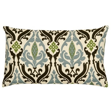 Tuscany Linen Damask Print Throw Pillow, Blue and Black, 12x20