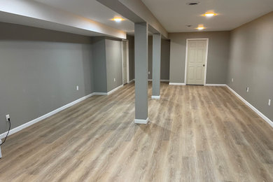 Large minimalist underground vinyl floor and brown floor basement photo in Cleveland with gray walls and no fireplace