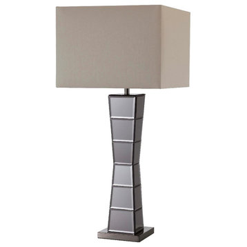Black Glass Tower Table Lamp With Beige Fabric Shade