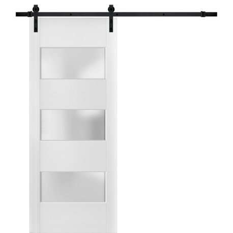 Barn Door 36 x 84 Frosted Glass 3 Lites, Lucia 4070 White Silk, 6.6FT Rail Kit