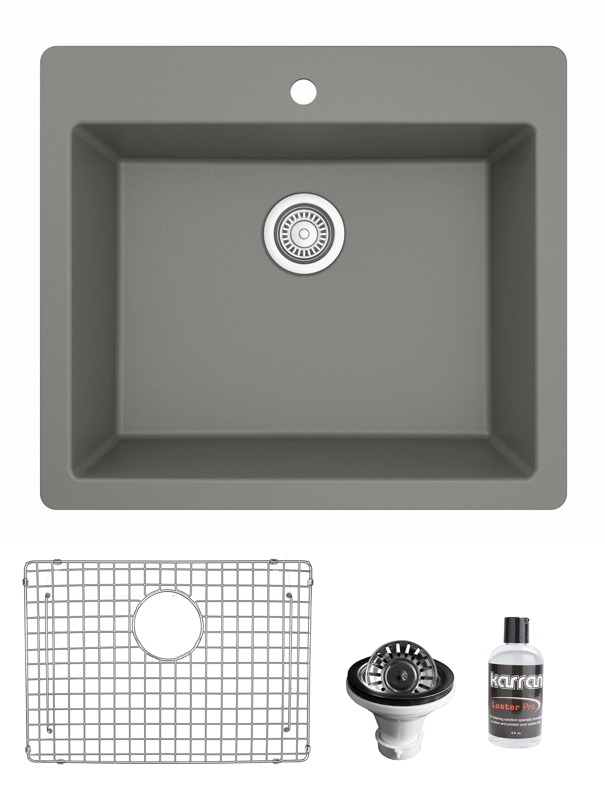 Karran QT-820 Top Mount 25" Single Bowl Quartz Kitchen Sink Kit, Grey