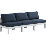 Meridian Furniture - Nizuc Water Resistant Patio Modular Straight Sofa, Navy, 3-Piece: 3 Armless Chair, White Aluminum Frame - Pick and choose your favorites from the Nizuc collection to create a modular seating group the whole gang will enjoy. The sturdy aluminum frame provides dependable support for friends and family as they relax and unwind, and the resilient navy water resistant fabric stands up to the elements without losing its beautiful demeanor, so you can count on it lasting for the long haul. Latches beneath these seating pieces help you easily attach them to one another for convenient setup.