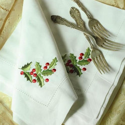 Embroidered Holly Linen Napkins - Holiday Decorations