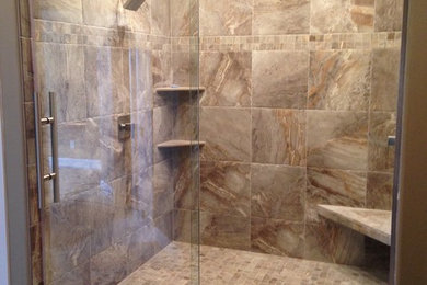 Mid-sized elegant master beige tile and ceramic tile ceramic tile and beige floor bathroom photo in Portland with beige walls