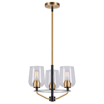 3-Light Clear Glass Chandelier, Black and Soft Gold