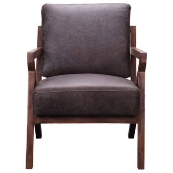 Top Grain Brown Leather Accent Side Arm Chair Over Exposed Wood Frame