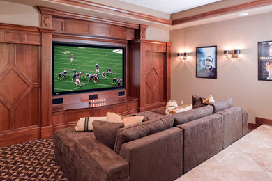 Inspiration for a mid-sized transitional open concept carpeted and multicolored floor home theater remodel in Indianapolis with beige walls and a projector screen