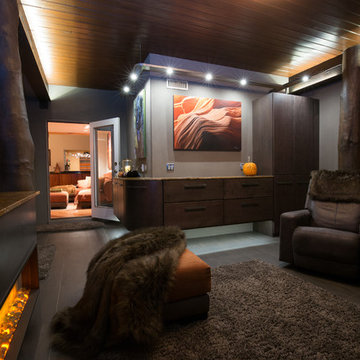 Modern Rustic Lounge Remodel | Gray-Stained Maple Cabinetry & Linear Fireplace