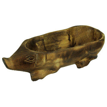 Hand Carved Darkened Wood Pig Centerpiece Bowl