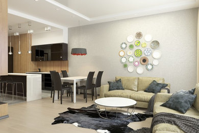 Свежая идея для дизайна: открытая гостиная комната среднего размера в стиле модернизм с серыми стенами, светлым паркетным полом, угловым камином, фасадом камина из дерева и телевизором на стене - отличное фото интерьера