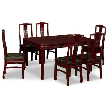 Dark Cherry Elmwood Dragon Motif Rectangle Oriental Dining Set with 6 Chairs