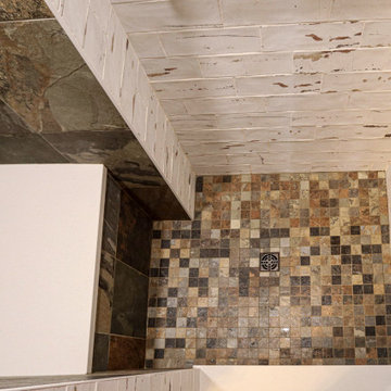 Century Home Farmhouse Masterbath with Vessel Sink and Tiled Shower