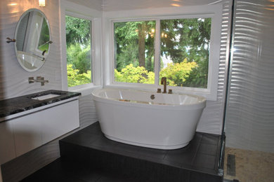 Small master bathroom photo in Portland with marble countertops and white walls