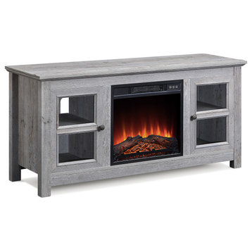 50" Wood TV Console for TVs up to 55" With 18" Electric Fireplace, Light Grey