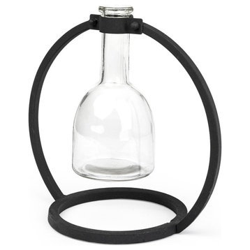 Modern Industrial Black Round Metal and Glass Vase