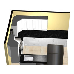 Kleine Klassische Küche ohne Insel in U-Form mit Vorratsschrank, Unterbauwaschbecken, Schrankfronten im Shaker-Stil, weißen Schränken, Zink-Arbeitsplatte, Küchenrückwand in Metallic, Rückwand aus Keramikfliesen, Küchengeräten aus Edelstahl, Keramikboden und beigem Boden in Dallas