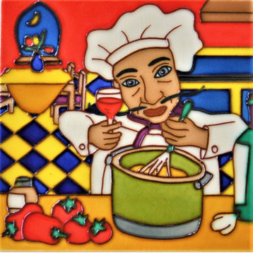 6x6" Cooking Chef Holding Drink Ceramic Art Tile Hot Plate Trivet and Wall Decor