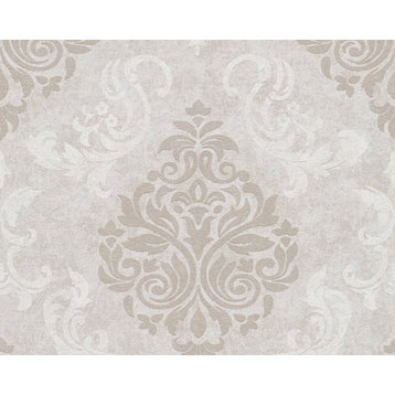 Damask Baroque Textured Wallpaper Floral Deco Design, Cream Beige White, Sample