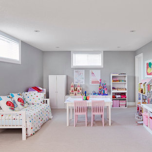 Diseño de sótano tradicional, grande, sin chimenea, con paredes grises y moqueta