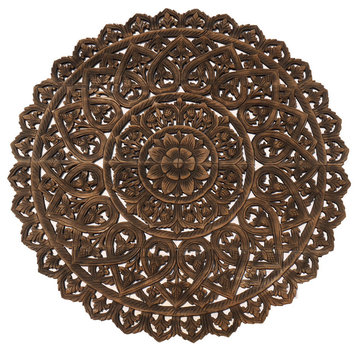 Round Lotus Flower Wood Carved Wall Plaque Home Decor, Black Wash, 48"x48"