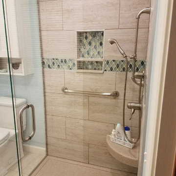 Bathroom Remodel with Glassed In Shower, Taj Mahal Vanity & Custom Cabinets