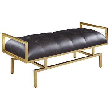 Unique Upholstered Bench, Geometric Golden Frame and Padded PU Leather Seat, Bro