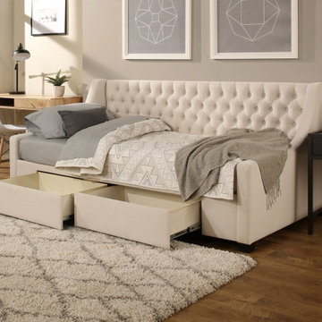 "Steel-Core" Storage Bed with drawers, Tufted Daybed Ivory