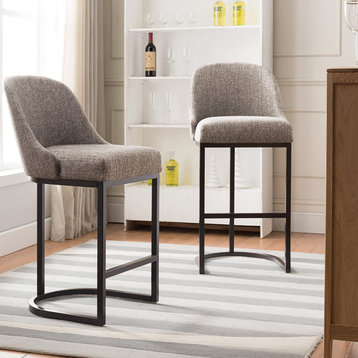 Set of 2 Counter Stool, Linen Seat With Comfortable Barrel Back, Espresso/Grey