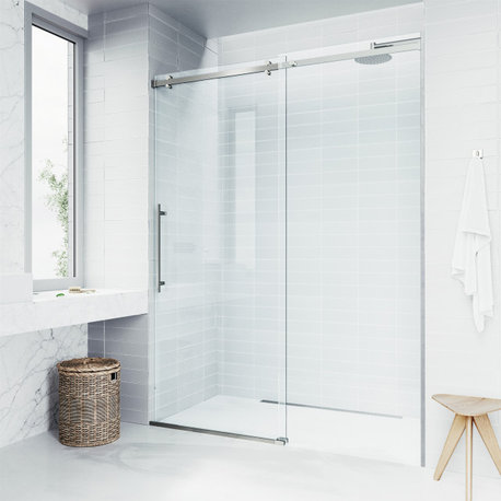 VIGO Luca 56" to 60" W x 79" H Frameless Sliding Shower Door, Stainless Steel, Clear Glass