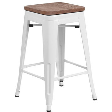 24" Backless Metal Counter Height Stool With Square Wood Seat, White