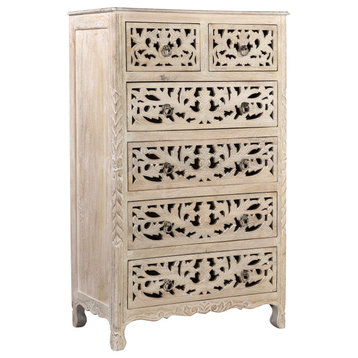 Lawrence 54" Tall Floral Carved Chest, Distressed White